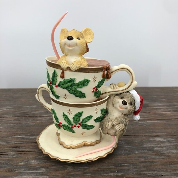 1995 Roman Inc Mice On Tea Cups Figurine Christmas Holiday Holly Hot Cocoa Uniqu - Picture 1 of 7